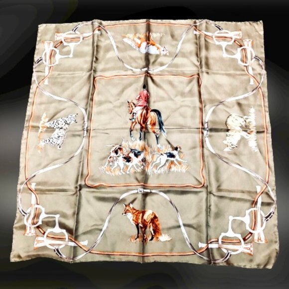 Vintage Equestrian Silk Scarf Fox Hunting Hounds Horn Horse Bits KOREA 34" sq - Picture 2 of 15